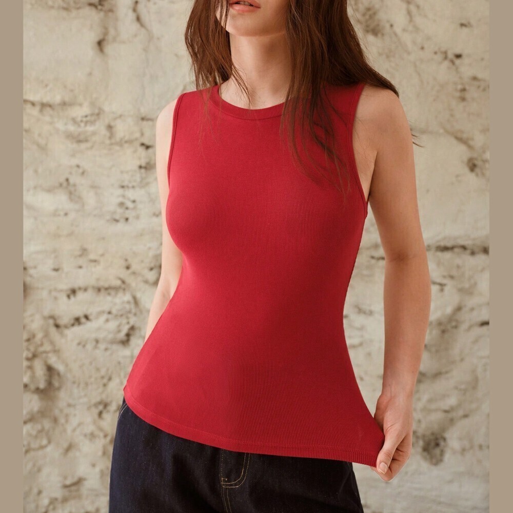 Red Ribbed Knit Round Neck Slim Fit Sleeveless Tank Top